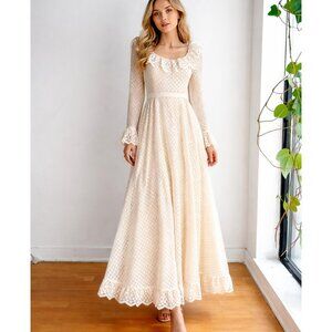 Vintage Jac An Ivory Crochet Long Sleeve A line Maxi Dress Wedding Boho S